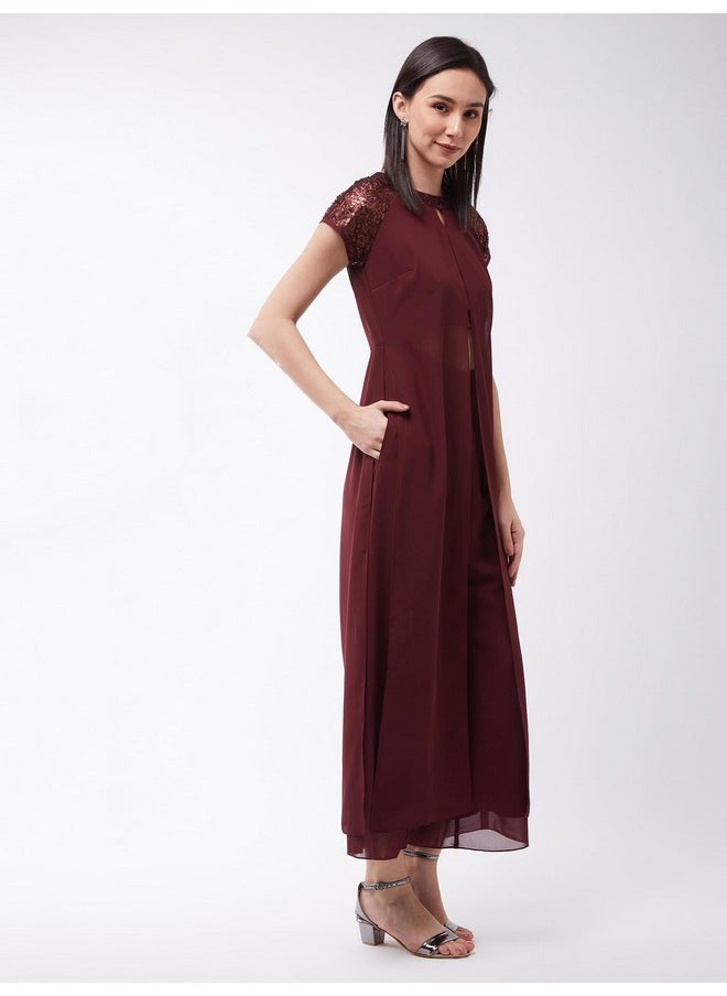 Miss Chase - Miss Chase Women's Wine Solid Regular Length Round Neck Short Sleeves Embellished Jumpsuit (MCSS21D04-65-184-03, Wine, S) - Image 1
