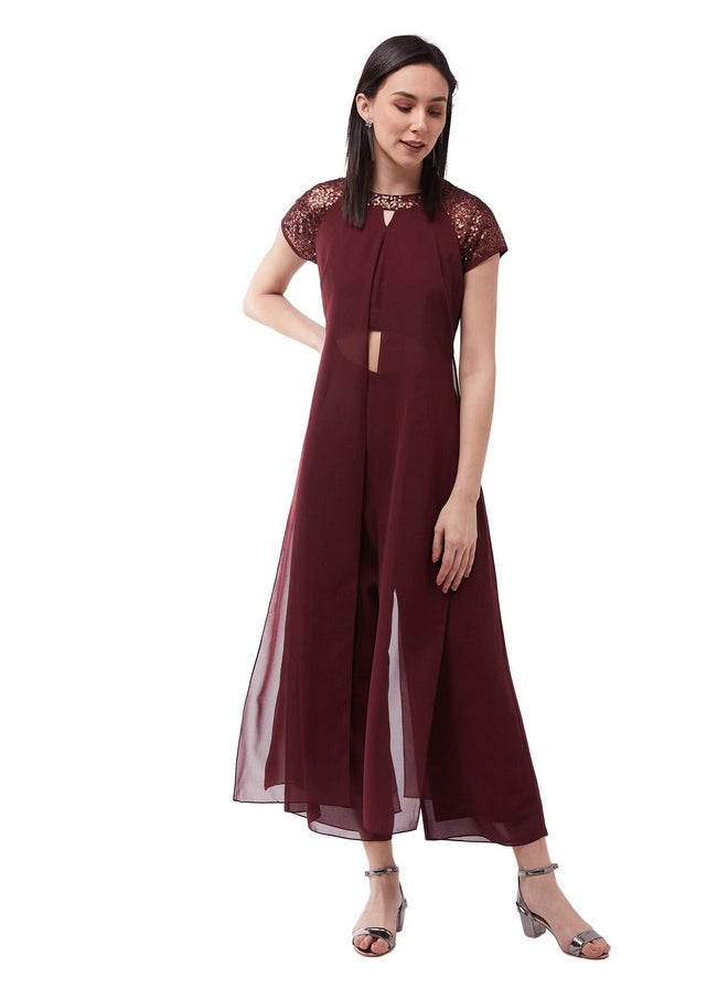 Miss Chase - Miss Chase Women's Wine Solid Regular Length Round Neck Short Sleeves Embellished Jumpsuit (MCSS21D04-65-184-03, Wine, S) - Image 1