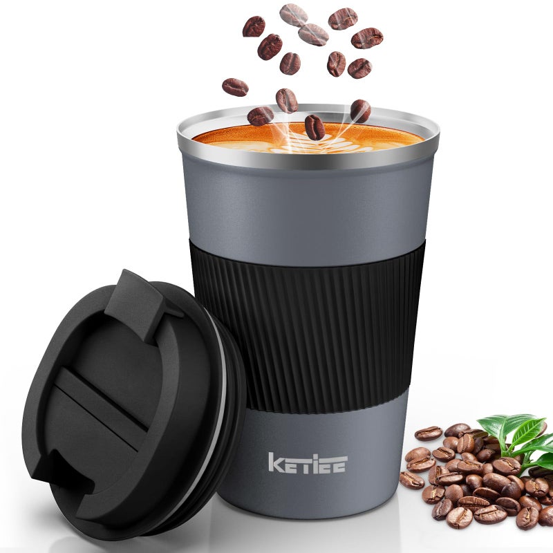 KETIEE Travel Coffee Mug Spill Proof 12oz Insulated Reusable Coffee Cups with Seal Lid Vacuum Stainless Steel Travel Mug to Go Car Tumbler for HotIce Drinks Grey
