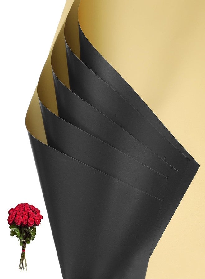PATIKIL Flower Gift Wrapping Paper, 20 Sheets Double Sided Golden Waterproof Bouquet Paper Wrap Florist Supplies Packaging Floral Papers for Wedding DIY Craft Valentine, Black/Gold - Image 1