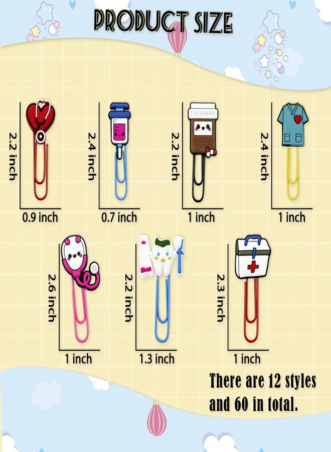 GTILE 60 pcs Nursing Book Clip Cute Bookmarks Cartoon Bulk Bookmarks with Colorful Paperclip for Nursing School Student Essentials for Nursing School Gifts. (Colorful) - Image 3