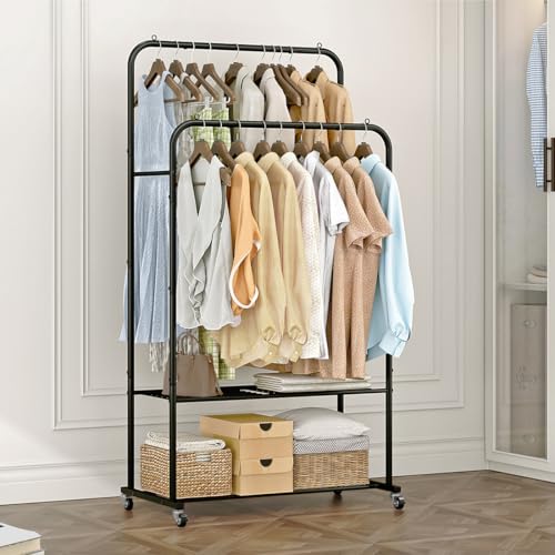 SUOERNUO Clothes Rack with Wheels Garment Rack for Hanging Heavy-Duty Clothing Rack Metal Rolling Clothes Shelves for Bedroom, Closet (Black) - Image 3
