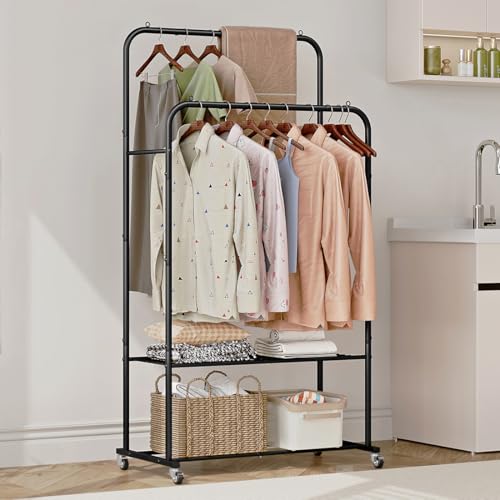 SUOERNUO Clothes Rack with Wheels Garment Rack for Hanging Heavy-Duty Clothing Rack Metal Rolling Clothes Shelves for Bedroom, Closet (Black) - Image 4