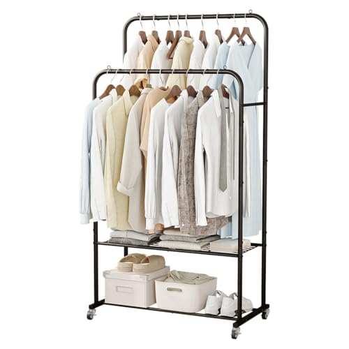 SUOERNUO Clothes Rack with Wheels Garment Rack for Hanging Heavy-Duty Clothing Rack Metal Rolling Clothes Shelves for Bedroom, Closet (Black) - Image 1