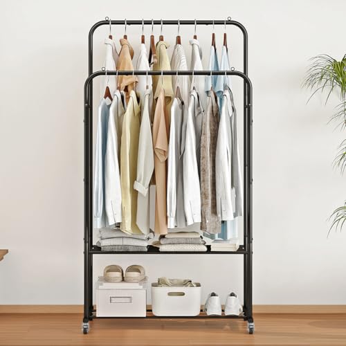 SUOERNUO Clothes Rack with Wheels Garment Rack for Hanging Heavy-Duty Clothing Rack Metal Rolling Clothes Shelves for Bedroom, Closet (Black) - Image 2
