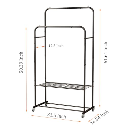 SUOERNUO Clothes Rack with Wheels Garment Rack for Hanging Heavy-Duty Clothing Rack Metal Rolling Clothes Shelves for Bedroom, Closet (Black) - Image 5