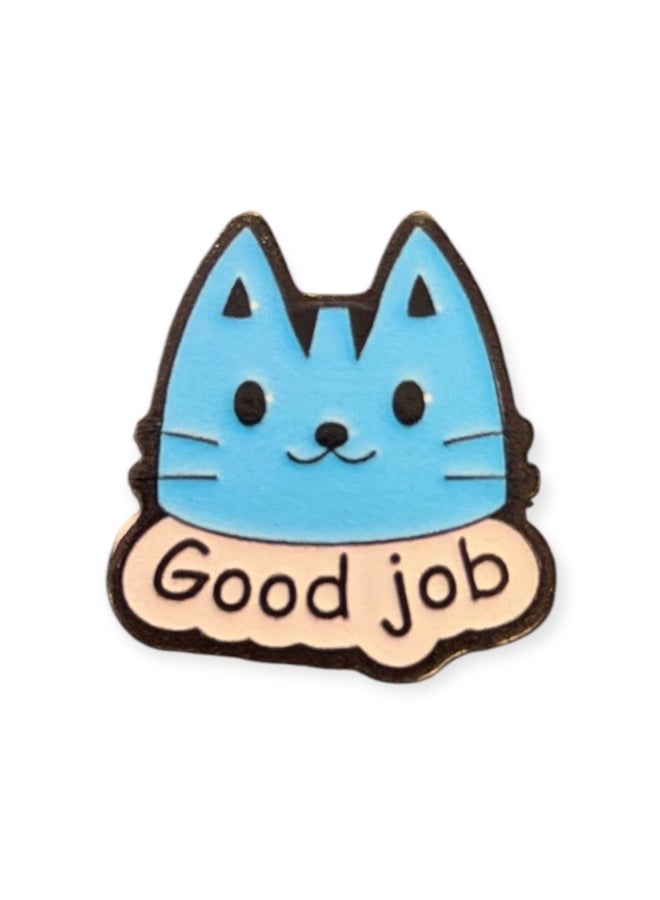 ستيكر قطة زرقاء بعبارة Good Job – تصميم لطيف للجوال واللابتوب والدفاتر