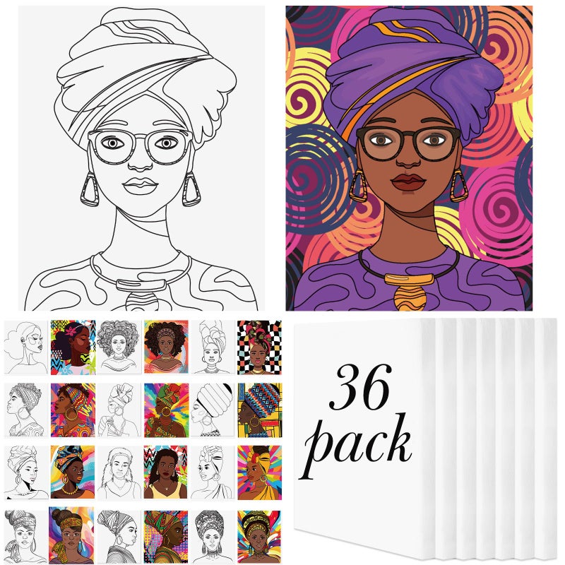 Harloon 36 Pcs 8 x 10 Inch Pre Drawn Canvas for Painting Afro Queen Pre Stretched Canvas Painting for Adults Outline for Sip and Paint Party Supplies Favor - Image 1