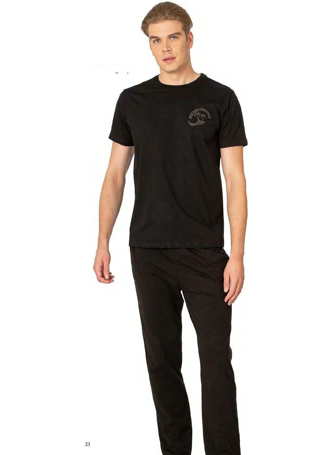 بيير كاردان 6079 Men's Short Sleeve Crew Neck Pajama Set-Black