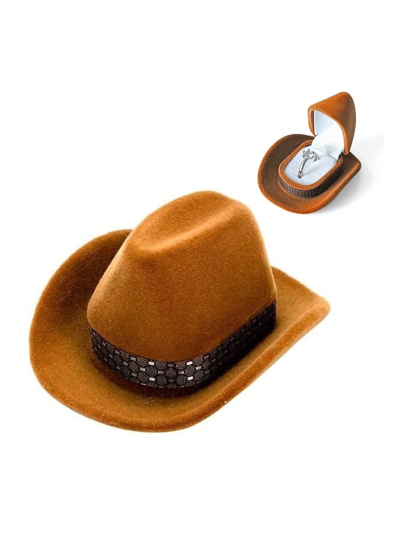 Excefore Jewelry Box, Creative Cowboy Hat Jewelry Case, Small Jewelry Box Travel Case, Premium Fashion Velvet Ring Box, Western Cowboy Hat Jewelry Organizer, Vintage Ring Box for Wedding Ceremony (Brown) - Image 1