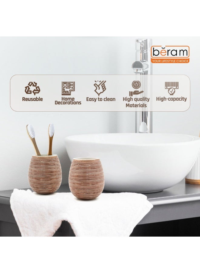 بيرام طقم إكسسوارات حمام سيراميك بني من Beram – 5 قطع تصميم طبيعي محكم مع موزع صابون، حامل فرشاة أسنان، كوب، حامل متعدد الاستخدامات وصحن صابون – أسلوب ريفي بوهيمي لحمام عصري - Image 5