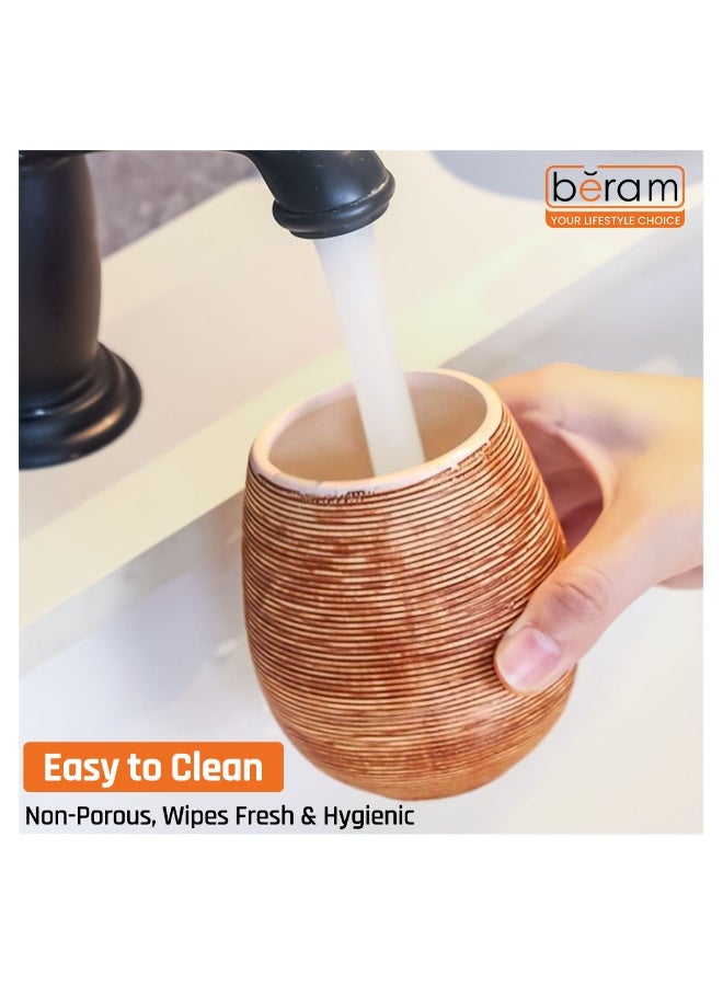 بيرام طقم إكسسوارات حمام سيراميك بني من Beram – 5 قطع تصميم طبيعي محكم مع موزع صابون، حامل فرشاة أسنان، كوب، حامل متعدد الاستخدامات وصحن صابون – أسلوب ريفي بوهيمي لحمام عصري - Image 4