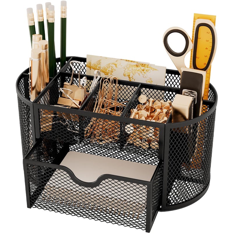 UVGVA Mesh Pen Holder for Desk 3 Compartment Desk Organizer for Pens Pencils Sticky Notes Office Accessories - Image 2