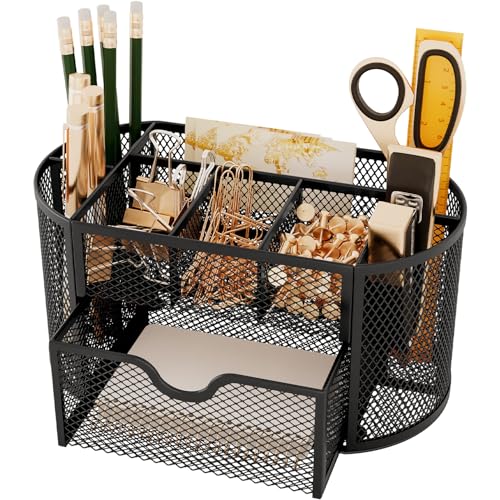 UVGVA Mesh Pen Holder for Desk 3 Compartment Desk Organizer for Pens Pencils Sticky Notes Office Accessories - Image 1
