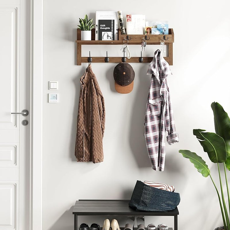 AMBIRD Wall Hooks with Shelf, 26.57 Inch Entryway Wood Coat Hooks for Wall with Shelf, Coat Rack Wall Mount with 5 Dual Hooks 3 Key Hooks Mail Organizer and Key Rack Holder (Brown) - Image 4