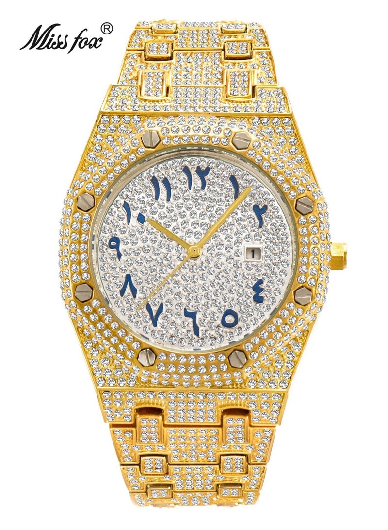 MISS FOX Men's Fully Diamond-Studded Watch Large Dial Stylish and Bold Arabic Numerals Waterproof Calendar Mineral Reinforced Glass Mirror Luxury Men's Accessory - Image 1
