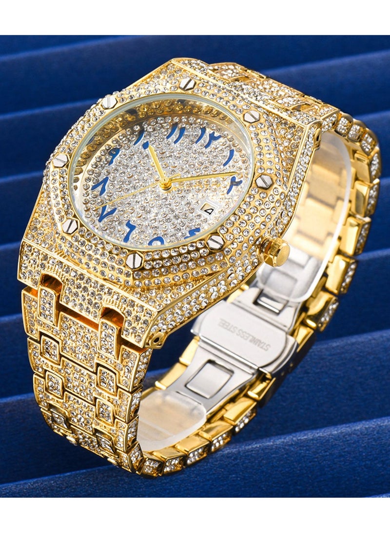 MISS FOX Men's Fully Diamond-Studded Watch Large Dial Stylish and Bold Arabic Numerals Waterproof Calendar Mineral Reinforced Glass Mirror Luxury Men's Accessory - Image 2