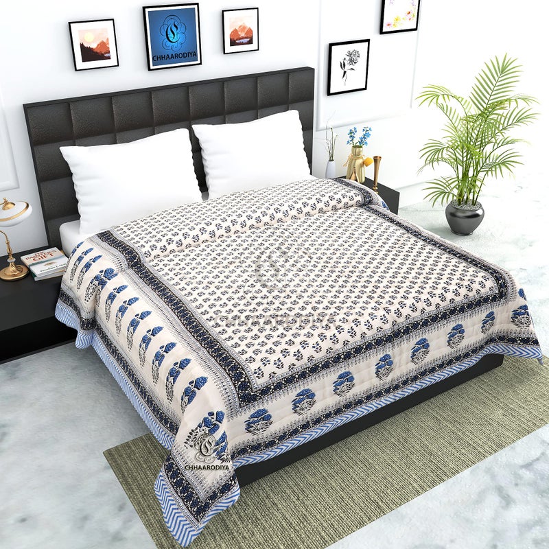 Lilfly Rajasthani Light Weight Single Bed Soft Jaipuri AC Quilt/Razai Designer Reversible Both Side use Blue booti with Boarder Cotton Quilts (Size 55X85 inch)- Set of 1 TDS-22 - Image 2