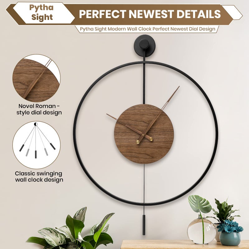 Pytha Sight Large Modern Wall Clock,Wall Clocks for Living Room Decor,Classical Silent Metal Minimalist Walnut Dial,Big Decorative Farmhouse Pendulum Wall Clock With Walnut Pointers for Office,Dining Room - Image 3