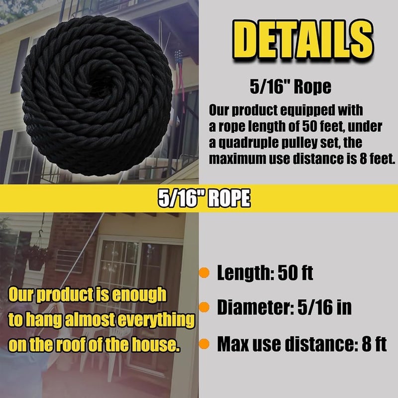 TERRIFI Block and Tackle Pulley System, 2200 LBS Breaking Strength, Heavy Duty 50 Ft 3/8" Rope Pulley, 5:1 Lifting Power, Ideal for Animal Husbandry, Warehouses, Construction Sites (Black) - Image 4