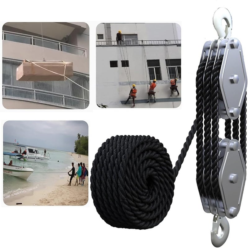TERRIFI Block and Tackle Pulley System, 2200 LBS Breaking Strength, Heavy Duty 50 Ft 3/8" Rope Pulley, 5:1 Lifting Power, Ideal for Animal Husbandry, Warehouses, Construction Sites (Black) - Image 1