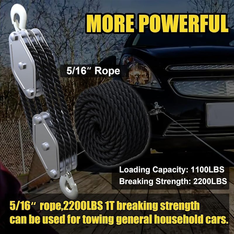 TERRIFI Block and Tackle Pulley System, 2200 LBS Breaking Strength, Heavy Duty 50 Ft 3/8" Rope Pulley, 5:1 Lifting Power, Ideal for Animal Husbandry, Warehouses, Construction Sites (Black) - Image 2