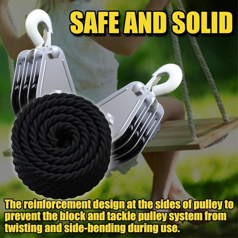 TERRIFI Block and Tackle Pulley System, 2200 LBS Breaking Strength, Heavy Duty 50 Ft 3/8" Rope Pulley, 5:1 Lifting Power, Ideal for Animal Husbandry, Warehouses, Construction Sites (Black) - Image 3