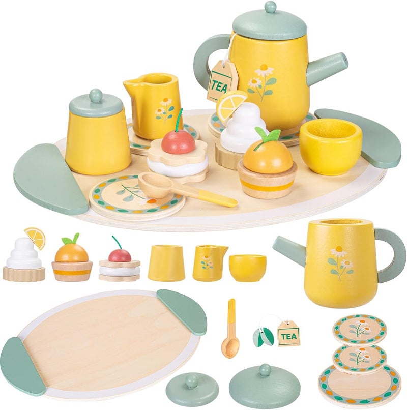 Masroo Tea Party Set Toys for Girls, Wooden Tea Set Pretend Play Girls Toys Gifts for Age 3-6, Play Food Toy Set for Kids Kitchen Accessories Age 3-6 Wood Educational Toy - Image 1