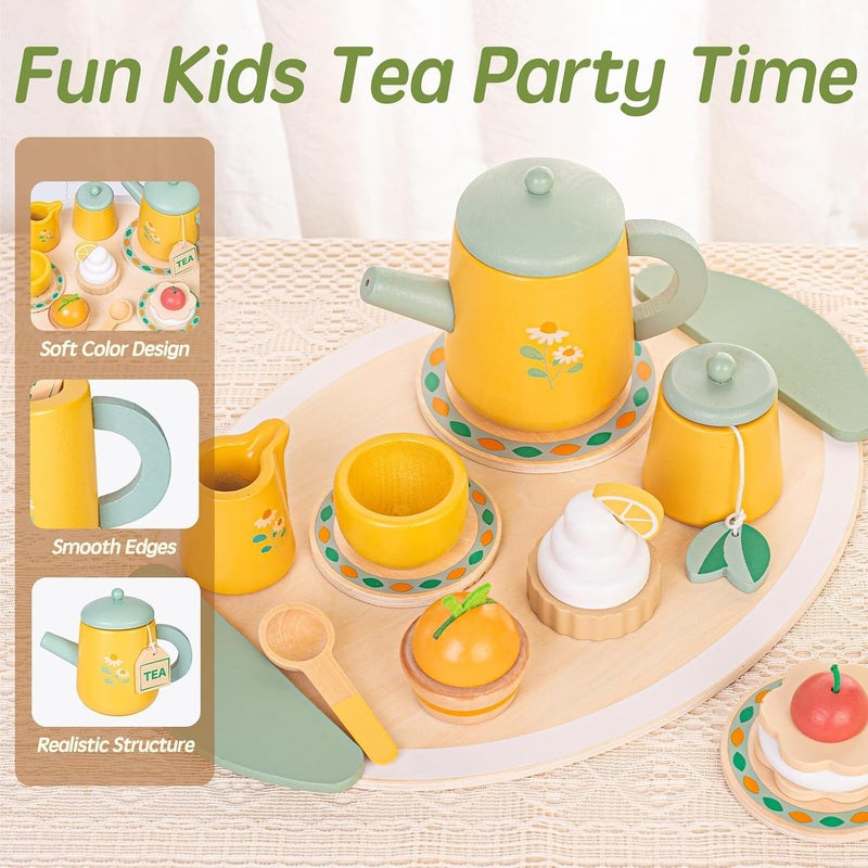 Masroo Tea Party Set Toys for Girls, Wooden Tea Set Pretend Play Girls Toys Gifts for Age 3-6, Play Food Toy Set for Kids Kitchen Accessories Age 3-6 Wood Educational Toy - Image 5