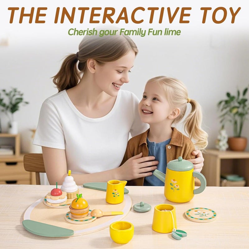 Masroo Tea Party Set Toys for Girls, Wooden Tea Set Pretend Play Girls Toys Gifts for Age 3-6, Play Food Toy Set for Kids Kitchen Accessories Age 3-6 Wood Educational Toy - Image 2