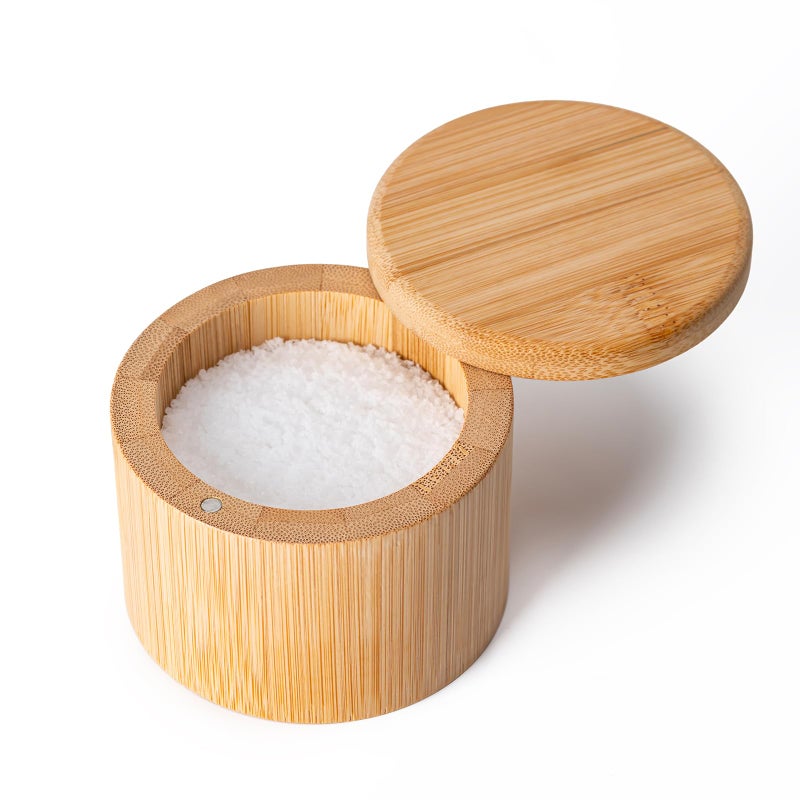 Husfunov Bamboo Salt Cellar, Salt Box with Magnetic Swivel Lid, Round Salt Container for Storing Salt Pepper Sugar Herbs,6 Ounce Capacity - Image 1