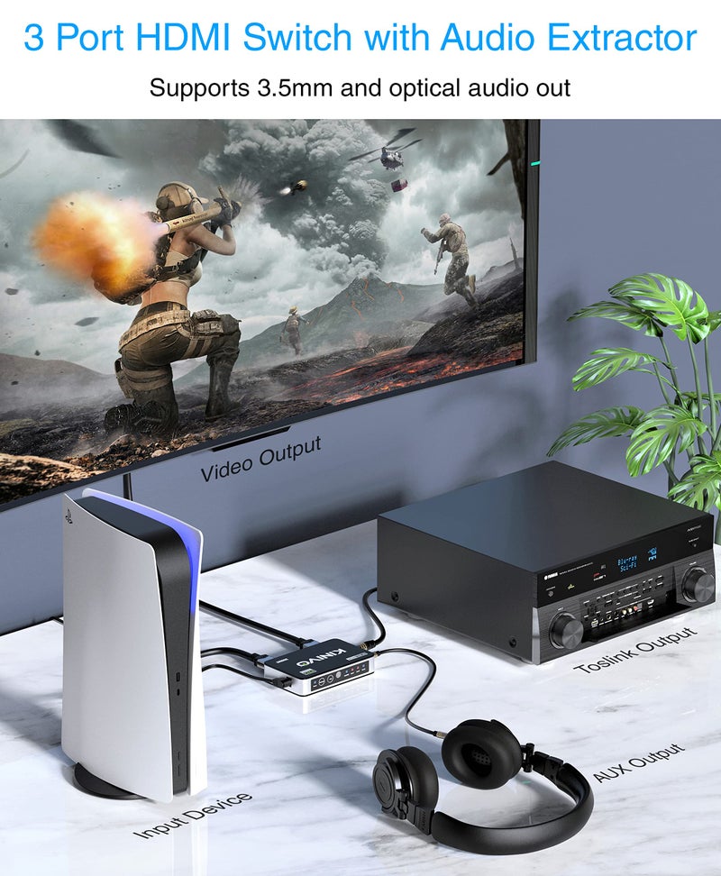 Kinivo HDMI Switch with Audio Extractor 360BNT (3 in one out, Toslink Optical Audio Port, SPDIF, 4K 60Hz, High Speed 18Gbps, IR Remote) - Compatible with Roku, PS5, Xbox, Apple TV, Dolby Digital/Atmos - Image 2