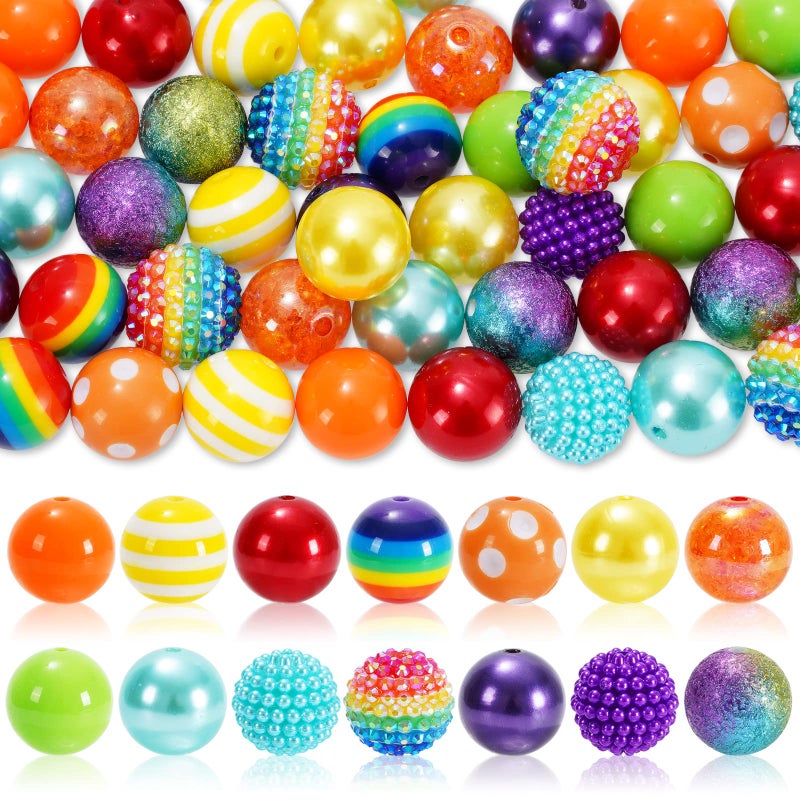 Whaline 50Pcs Rainbow Theme Beads 14 Styles Bright Colors Mixed Bubblegum Set Colorful Spacer Chunky Jumbo Plastic for DIY Jewelry Making Boutique Craft Supplies 20mm
