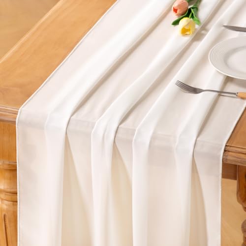 Socomi Ivory White Chiffon Table Runner Fall Thanksgiving Boho Rustic 14ft 29x170 Inches Wedding Runner Sheer Romantic Bridal Shower Decorations - Image 1