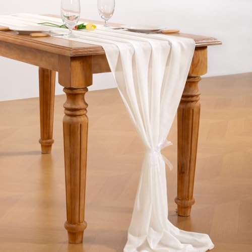 Socomi Ivory White Chiffon Table Runner Fall Thanksgiving Boho Rustic 14ft 29x170 Inches Wedding Runner Sheer Romantic Bridal Shower Decorations - Image 4