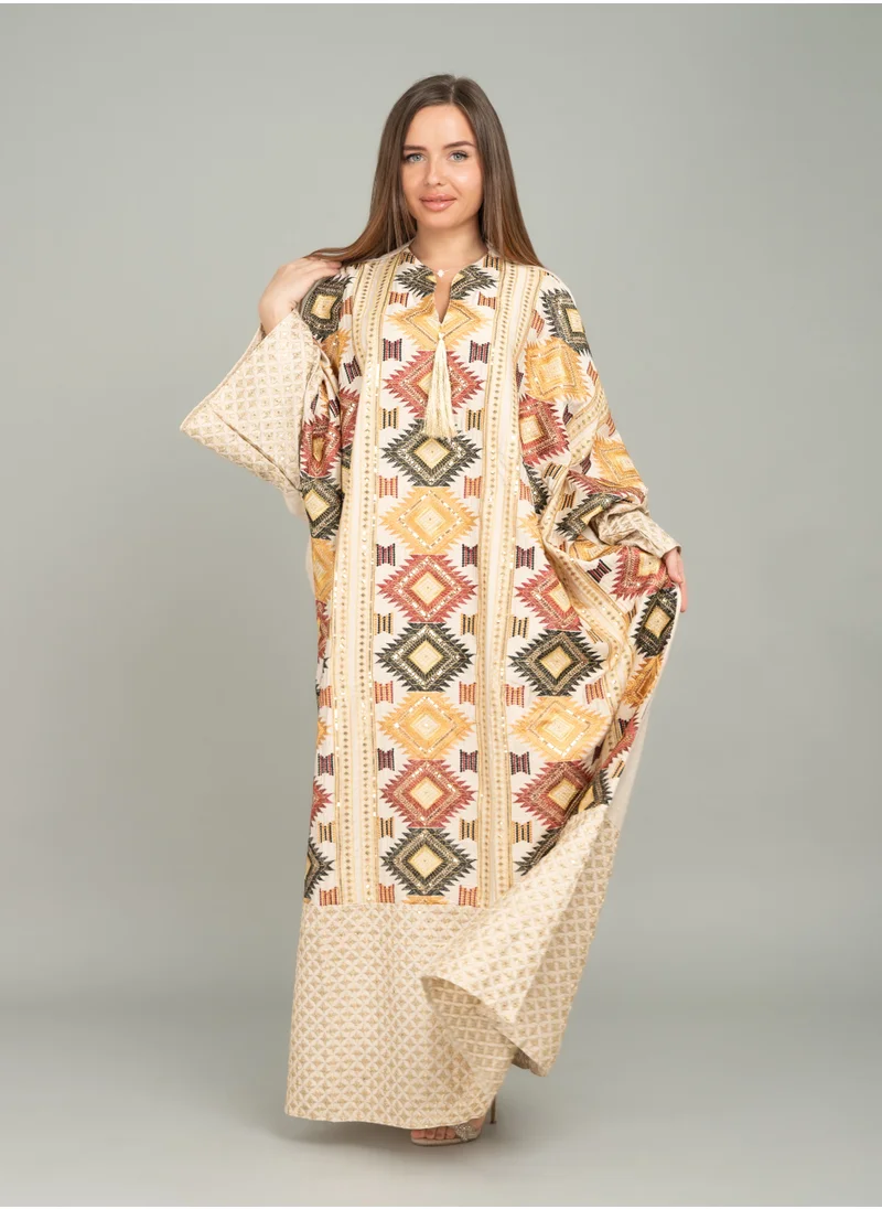 IKKXA Embroidered Mandarin Collar Farasha Jalabiya CJ1033 Beige