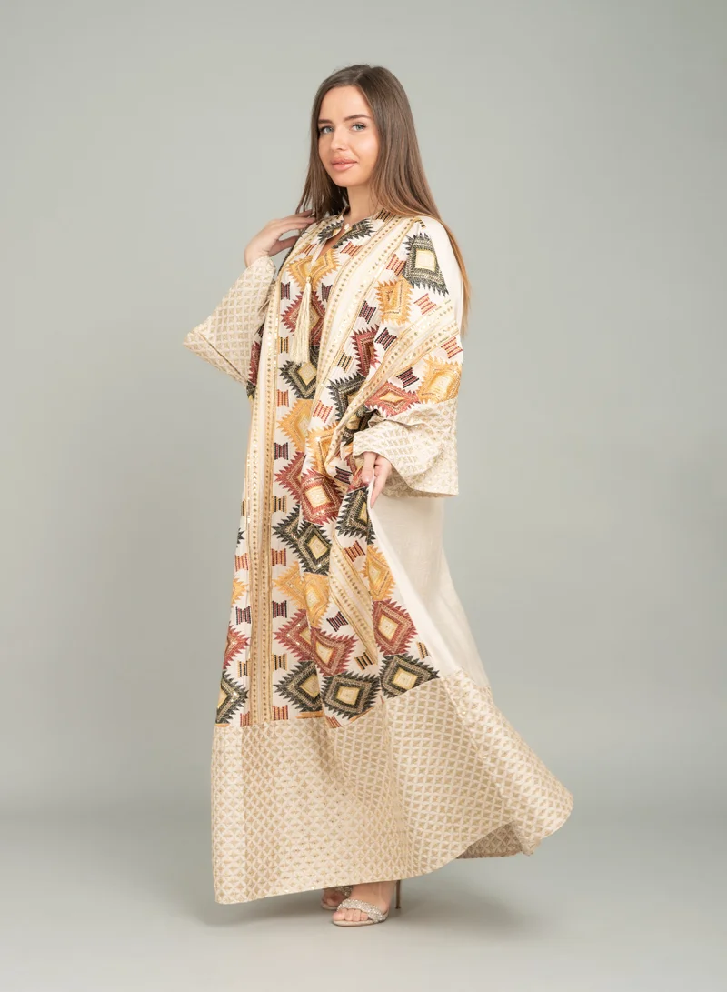 IKKXA Embroidered Mandarin Collar Farasha Jalabiya CJ1033 Beige