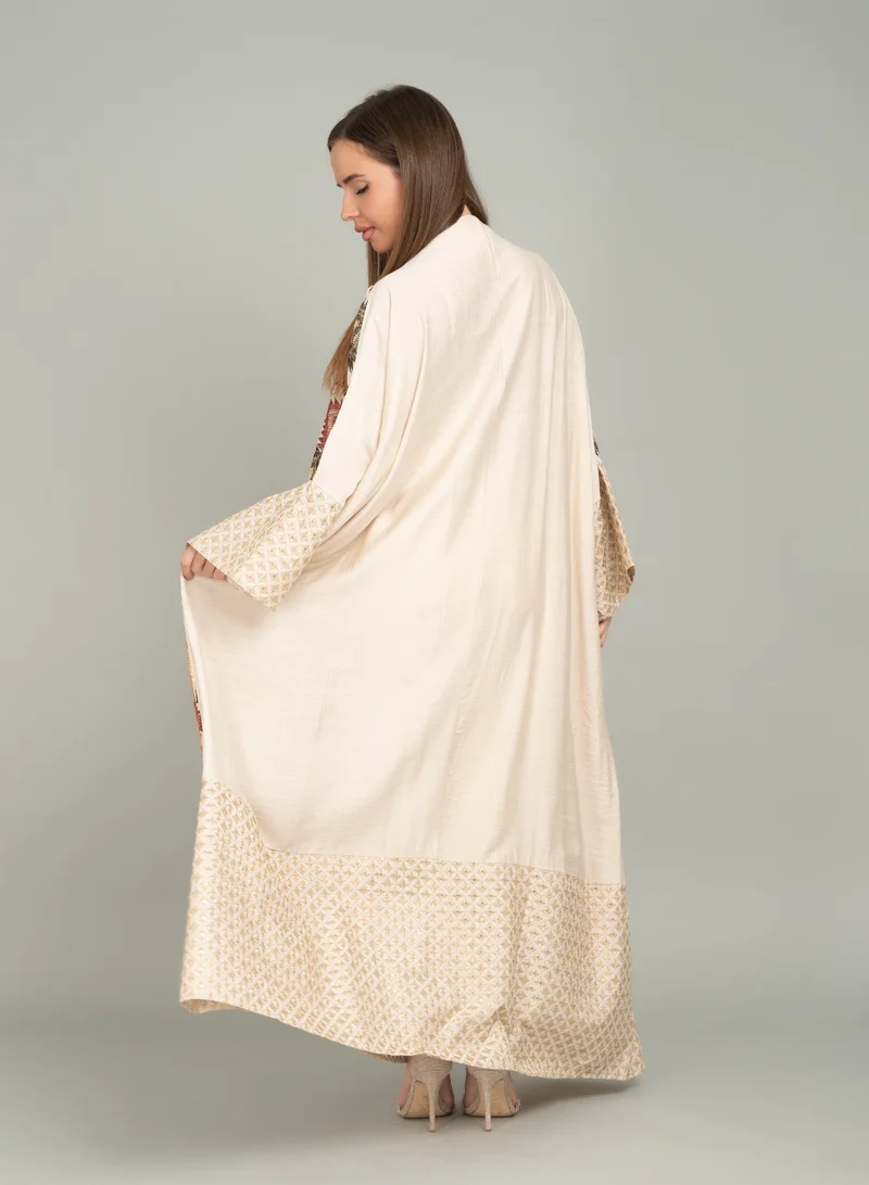 IKKXA Embroidered Mandarin Collar Farasha Jalabiya CJ1033 Beige