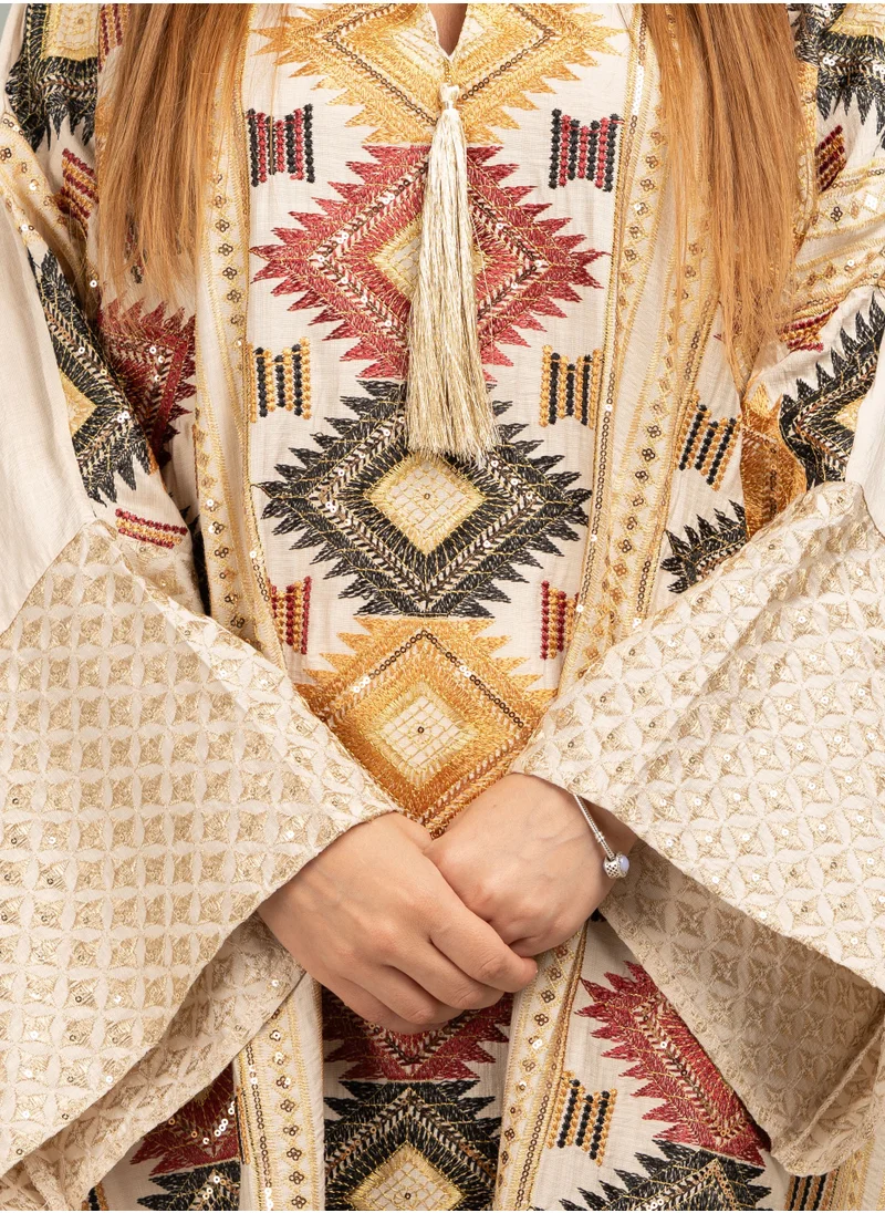 IKKXA Embroidered Mandarin Collar Farasha Jalabiya CJ1033 Beige