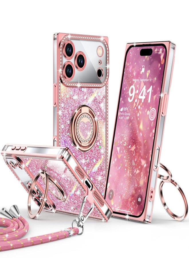 XYZ جراب XYZ لهاتف iPhone 17 Pro، غطاء هاتف لامع براق مع حامل على شكل قلب بحلقتين وحبل، جراب فاخر مرصع بأحجار الراين مقاوم للصدمات وواقي لهاتف iPhone 17 Pro، وردي - Image 1
