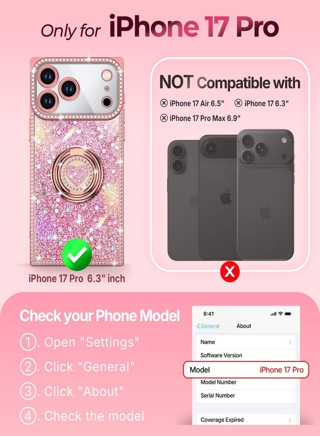 XYZ جراب XYZ لهاتف iPhone 17 Pro، غطاء هاتف لامع براق مع حامل على شكل قلب بحلقتين وحبل، جراب فاخر مرصع بأحجار الراين مقاوم للصدمات وواقي لهاتف iPhone 17 Pro، وردي - Image 2