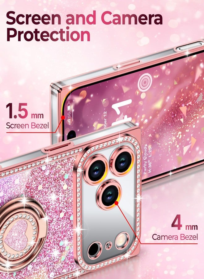 XYZ جراب XYZ لهاتف iPhone 17 Pro، غطاء هاتف لامع براق مع حامل على شكل قلب بحلقتين وحبل، جراب فاخر مرصع بأحجار الراين مقاوم للصدمات وواقي لهاتف iPhone 17 Pro، وردي - Image 4