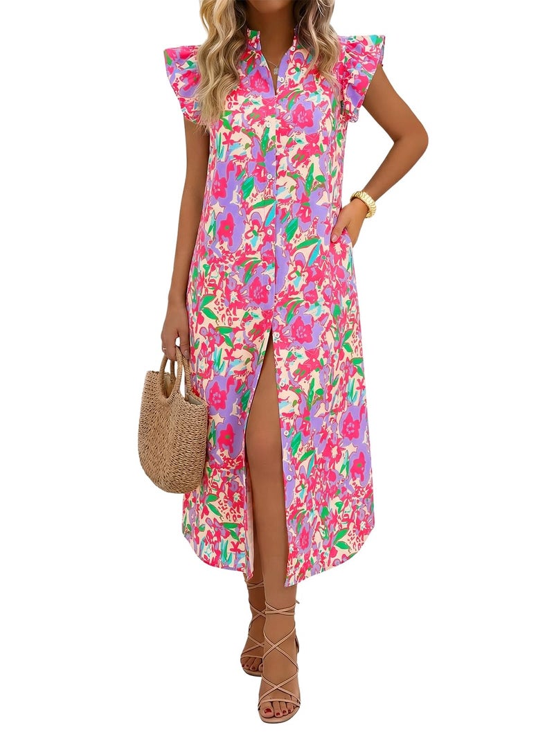 Wenrine Womens Summer Button Down Shirt Dress Casual Floral Rufffle Cap Sleeve Loose Beach Boho Midi Sundress Rose Red - Image 1