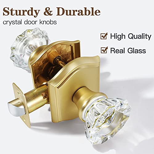 CLCTK Premium Glass Door Knobs, Bathroom Bedroom Door Knobs with Lock, Privacy Gold Door Knob Interior, Satin Brass - Image 2