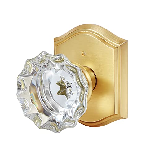 CLCTK Premium Glass Door Knobs, Bathroom Bedroom Door Knobs with Lock, Privacy Gold Door Knob Interior, Satin Brass - Image 1