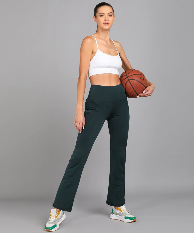 Rock Paper Scissors Premium Flare Gym Pants High Waist Stretchable Flared Leggings with Pockets Gym wear/Active Wear Tights Yoga Pants Womens Workout Tights Gym Tight Green - Image 5