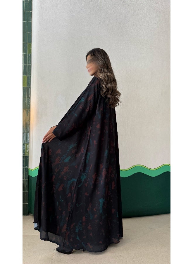 آية MWT447 عباية طباعة اسود مع دمج اخضر واحمر - Image 5