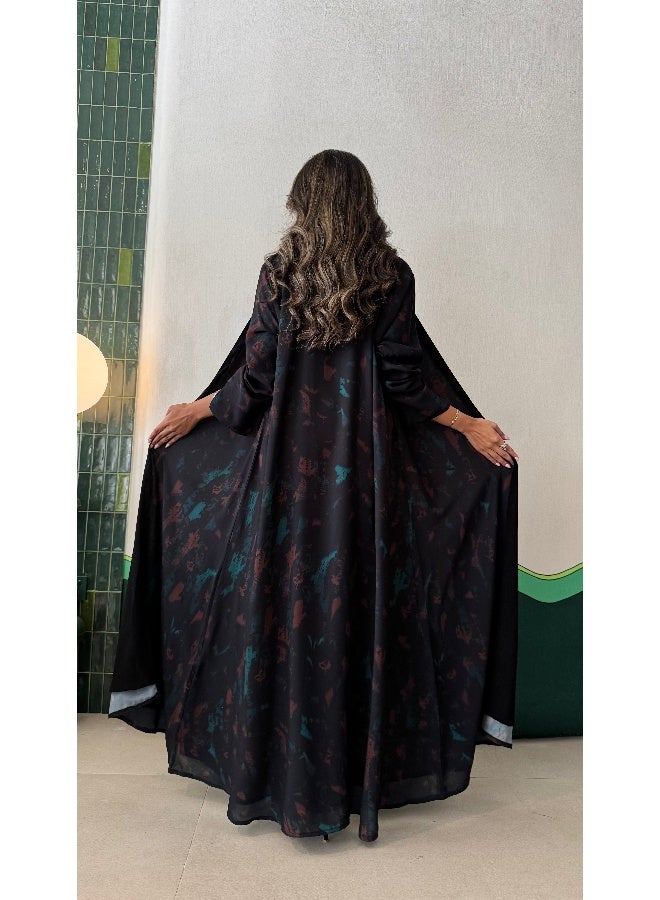آية MWT447 عباية طباعة اسود مع دمج اخضر واحمر - Image 1