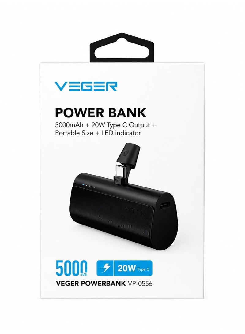 VEGER 5000mAh Mini Power Bank with Built-in USB-C Connector, 20W Fast Charging, Portable Compact Design - VP-0556 - Image 1