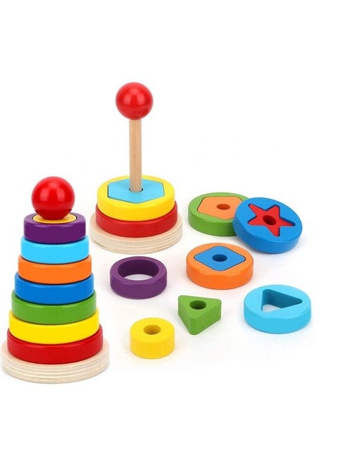Montessori Wooden Rainbow Rings Tower; Geometric Shape Recognition Sorting Stacking And Plugging; Stacker Building Educational Learning Toy Game For 3 4 5 Years Old Toddlers(20 Pieces)